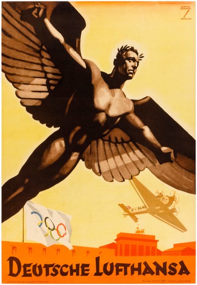 Deutsche Lufthansa, Poster for German Airlines Promoting the 1936 Olympic Games in Nazi Germany by Ludwig Hohlwein