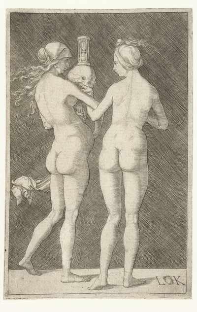 Two Naked Women with Skull and Hourglass by Ludwig Krug