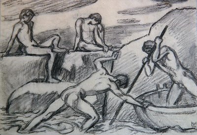 Naked Boatman and Youths on a Green Shore by Ludwig von Hofmann