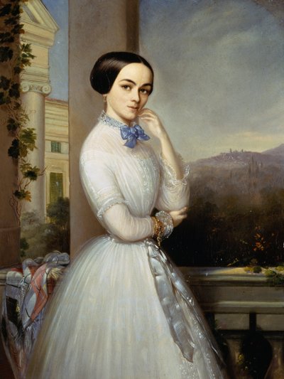 Portrait of Woman in White Dress on Balcony by Luigi Basiletti