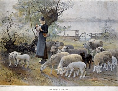First Flowers: A shepherdess surrounded by her sheep stings flowers in her hat by Luigi Chialiva