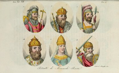Rurik, Igor of Kiev, Olga, Sviatoslav, Vladimir the Great, Ivan IV from Il costume antico by Giulio Ferrario by Luigi Giarrè