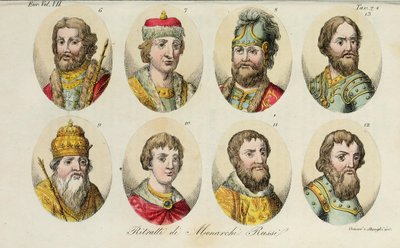 Yaroslav, Sviatoslav II, Sviatopolk, Vladimir Monomakh, Yuri I, Ivan II, Dmitry Donskoy, Ivan III, 1831 by Luigi Giarrè