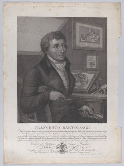 Portrait of Francesco Bartolozzi, seated, holding a magnifying glass with printmaking tool by Luigi Rados