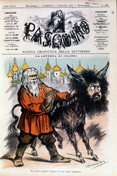 Caricature on Tolstoy by Luigi Sapelli Caramba concerning the letter sent by Tolstoy to the Holy See. Cover of Pasquino on 05/05/1901 by Luigi Sapelli Caramba