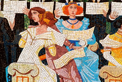 Palais de la musique catalane, Barcelone. Mosaic decorating the facade: woman singing in the Catalan choir (Orfeo Catala), (detail) by Luis & Bru i Salelles Luis (1868 1952) Domenech i Montaner