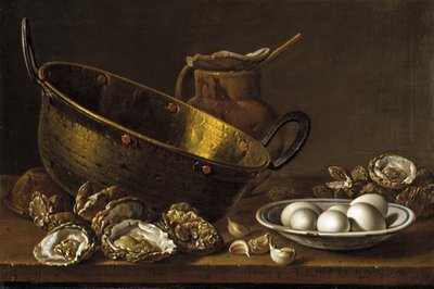 Still life with oysters, garlic and eggs by Luis Egidio Melendez