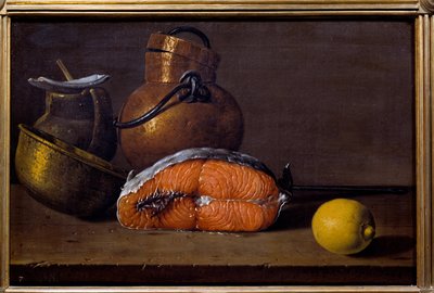 Slice of salmon, a lemon and utensils by Luis Egidio Menendez or Melendez