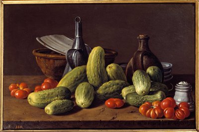 Still Life: Cucumbers, Tomatoes and Containers by Luis Egidio Menendez or Melendez