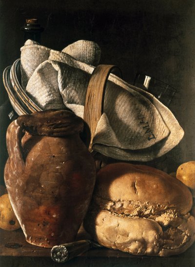 Still life of tea towel, jug and bread by Luis Egidio Menendez or Melendez