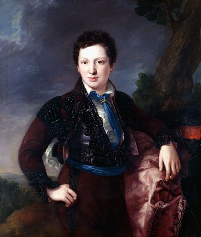 Portrait of Don Matias Edmundo Tirel y Gomez de las Casas, the Future Second Marquis of Ulagares and Viscount of Castel Ruiz, Standing Three-Quarter Length Dressed as a Majo by Luis Lopez Piquer
