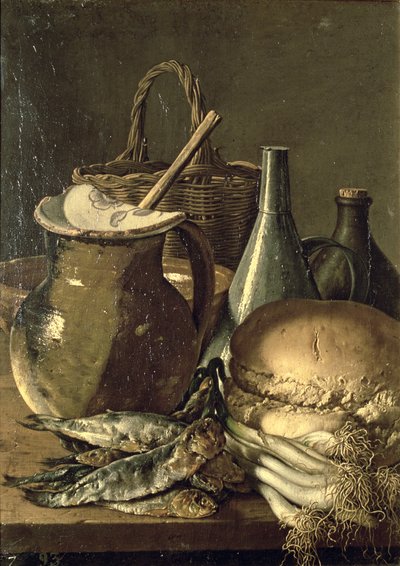Still Life with Fish, Leeks and Bread by Luis Menendez or Melendez