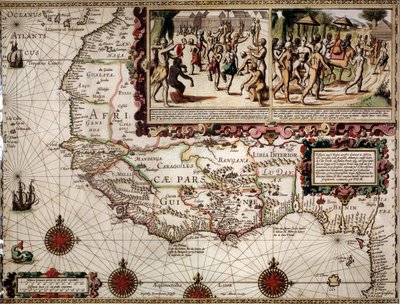 Geographic map of Guinea, approximately 1586. Representation of a dance scene among the indigenous (Africans) at the top right. by Luis Teixeira
