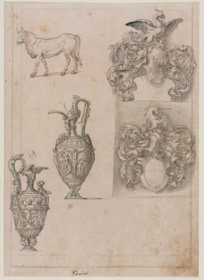 Design for Two Vases, Two Coats of Arms, and a Bull (recto) by Luzio Romano
