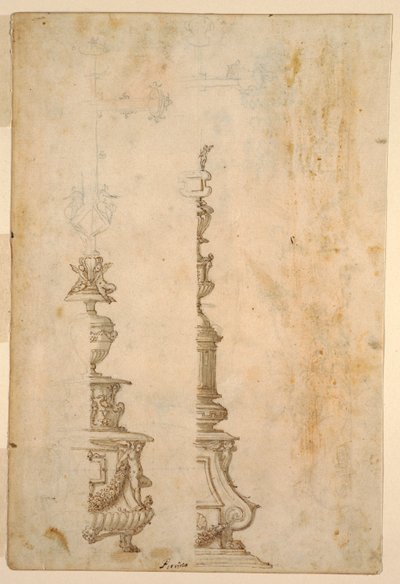 Two Designs for Altar Cross Bases; verso, Designs for Five Projects by Luzio Romano
