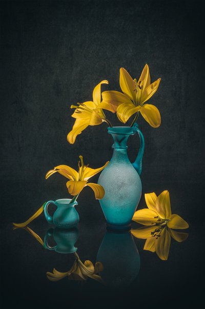 Golden Lilies Teal Vases by Lydia Jacobs