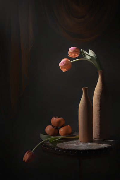 Moody Tulips and Fruit by Lydia Jacobs