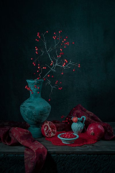 Pomegranates And Berries Still Life by Lydia Jacobs