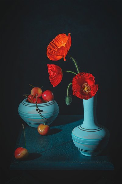 Red Poppies Cherries Still Life by Lydia Jacobs