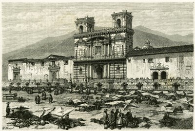 The Cathedrale of Quito and the popular entertainment on its square (Engraving by Clerget and Ferdinandus) by M. (after) Ferdinandus