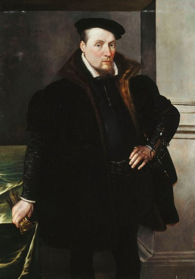 Portrait of a Gentleman, Three-Quarter Length, in a Black Coat with Fur Lining by Maarten de Vos