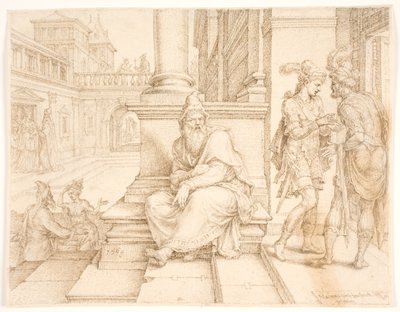 Mordecai Overhearing the Treason of Bigtan and Teresh by Maarten van Heemskerck