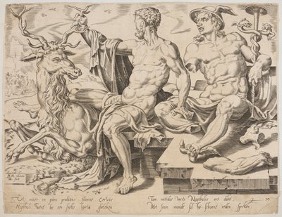 Naphtali with a Stag and a Broken Statue of Mercury, from the Series The Twelve Patriarchs, Engraving by Dirk Volkertsz Coornhert by Maarten van Heemskerck