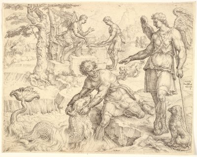 Tobias Catching the Fish in the River Tigris by Maarten van Heemskerck