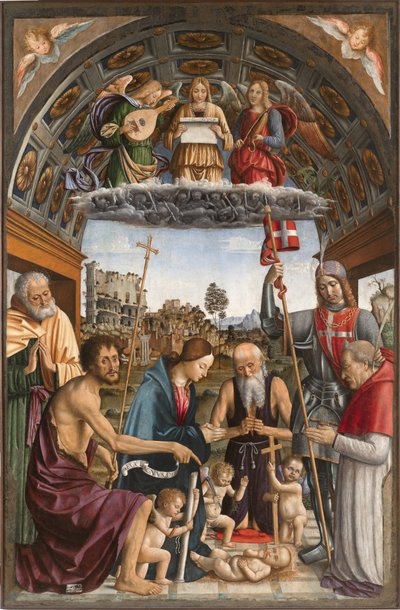 Madonna in adoration of the Child with putti bearing the symbols of the Passion, musician angels, saints Joseph, John the Baptist, Jerome, Solutor and the donor Amedeo of Romagnano, 1505 by Macrino dAlba