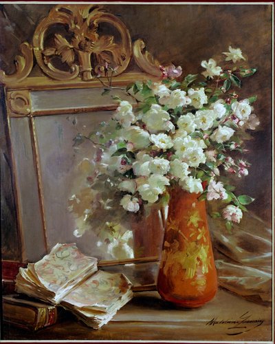The Red Vase Still Life with Mirror, Bouquet of Flowers and Book by Madeleine Lemaire