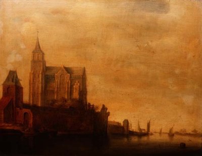 Groote Kerk with a View of the Main Tower, Emmerich in a River Landscape with Sailing Boats by Maerten Fransz van der Hulst