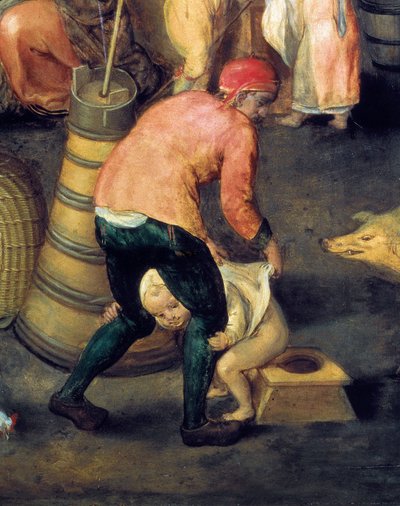 Flemish house interior: A man holds a little boy on the pot by Maerten van Cleve