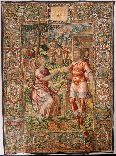 Diocesan museum (Museo Diocesano). Flemish tapestry. Brussels. Atelier François Geubels. Series Story of Gideon. Gideon and the angel. Silk and wool. Bequest of Bishop Vicente Roca de la Serna. Baroque. 1534-1571, in the cathedral since by Maerten van Heemskerck