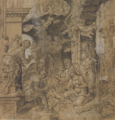 The Adoration of the Shepherds (verso: Sketches) by Maerten van Heemskerck