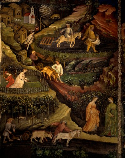 Work in fields, detail from Month of October, Cycle of Months by Maestro (attr. to) Venceslao