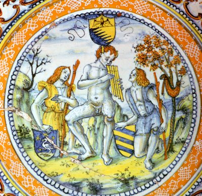 Italian Earthenware Plate Showing Pan Piping to Two Shepherds by Maestro Benedetto
