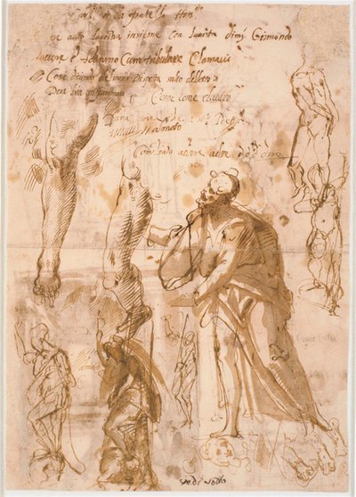 Two Sheets from a Sketchbook. Six Studies for Standing Figures, Two Studies for Legs, Three Sketches for Feet and One Head by Maganza