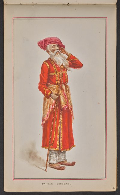 Elderly Court Official of the Kolhapur Durbar, Dressed in a Red Coat and Pink Turban by Mahadev Vishvanath Dhurandhar