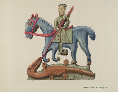 Saint George & the Dragon, Carved Out of Section of Plank - Painted, c. 1938 by Majel G. Claflin