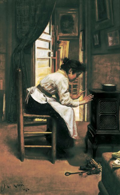 A Woman in Front of the Stove, Painting by Manuel Cusi by Manuel Cusí