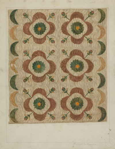 Applique and Quilted Coverlet, 1935-1942 by Manuel G. Runyan