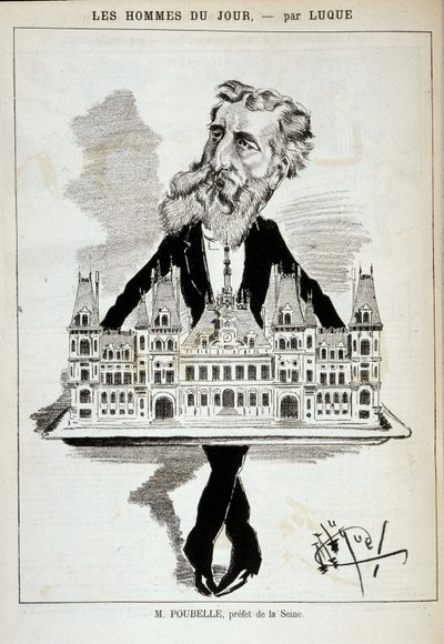 Cartoon by M. Poubelle, prefect of the Seine, carrying the City Hall of Paris on a plateau - Dess. by Luque, in 