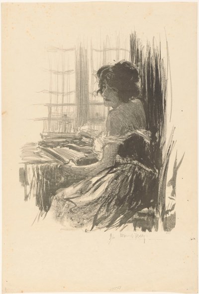 Woman Reading Behind a Table by the Window by Manuel Robbe (signed by artist)