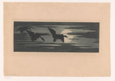 Three Ducks Flying Along the Setting Sun by Marc Henry Meunier (attributed to)