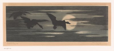 Three Ducks Flying Along the Setting Sun by Marc Henry Meunier (attributed to)