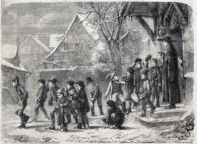 Out of school in winter. Engraving after a painting by M. B. Vautier in The Universe Illustrous by Marc Louis Benjamin (after) Vautier