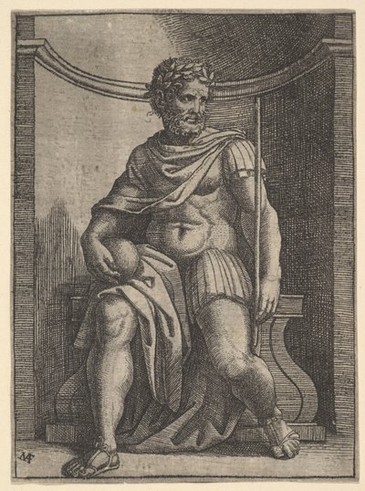A Roman Emperor Sitting in a Niche Holding a Globe and Sceptre by Marcantonio Raimondi