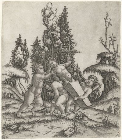 Amor and Two Putti or Children Carrying a Statue of Putti with Winged Anchor on Pedestal by Marcantonio Raimondi