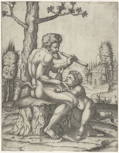 Faun with Flute Playing with Child by Marcantonio Raimondi