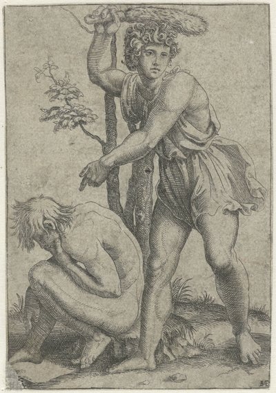 Crouching Naked Man Beaten by Man with Fox Tail by Marcantonio Raimondi